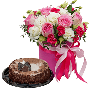 Pink rose 50 cm - 10, lisianthus - 4, Pink spray carnation - 4, Round flower box small , Oasis, Film, Pistachio, Ruscus, Ribbon, Cake in assortment