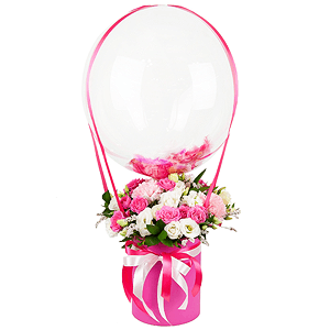 Bright pink spray rose mix, 50 cm - 7, Pink carnation - 4, lisianthus - 4, White Matthiola - 4, Round flower box small , Oasis, Film, Limonium (1 pc.), Ribbon, Transparent balloon Bubble with filling, Pistachio