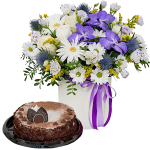 Vanda Orchid bud - 4, Gerbera white - 3, White rose 50 cm - 4, Bacardi White Spray Chrysanthemum - 4, Lilac carnation - 3, lisianthus - 6, Round flower box medium, Oasis, Oasis, Film, Pistachio, Flask for orchids, Aspidistra (1 pc.), Eryngium, Solidago (1 pc.), Ribbon, Cake in assortment