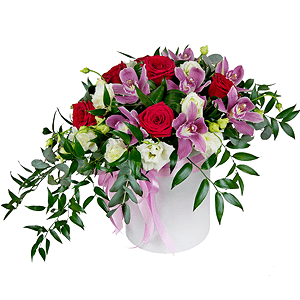 Red rose 50 cm - 10, Pink Cymbidium Orchid Bud - 10, lisianthus - 6, Round flower box medium, Film, Oasis, Eucalyptus Cinerea, Flask for orchids, Aspidistra (1 pc.), Ruscus italian, Ribbon
