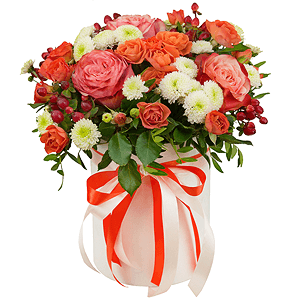 Spray rose: yellow, orange 50 cm - 7, Santini White Spray Chrysanthemum - 4, Peony rose Kahala 50 cm - 5, Round flower box small , Oasis, Film, Pistachio, Ruscus, Hypericum, Ribbon