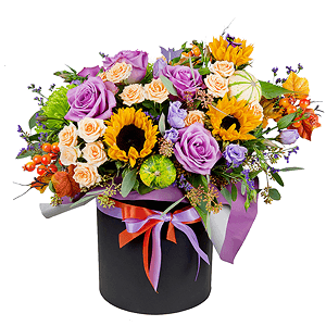 Sunflower - 4, Yellow chrysanthemum  single-headed Anastasia - 3, Deep Purple rose - 6, Spray rose: white, cream, light pink 50 cm - 6, Purple Lisianthus (Eustoma) - 3, Round flower box medium, Oasis, Wrapping Paper, Artificial branch, Limonium (1 pc.), Artificial branch, Decorative element small