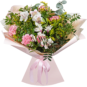 Pink carnation - 8, Alstromeria white, soft pink - 3, Solidago (1 pc.), Pistachio, Eucalyptus, Wrapping Paper