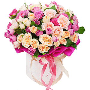 Bright pink spray rose mix, 50 cm - 7, Spray rose: white, cream, light pink 50 cm - 13, Round flower box small , Oasis, Wrapping Paper, Ribbon