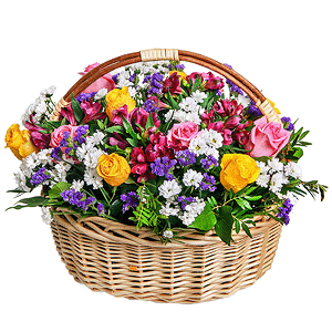 Pink rose 50 cm - 7, Yellow rose 50 cm - 8, Santini White Spray Chrysanthemum - 13, Alstromeria lilac, purple - 8, Large Basket, Blue Statice, Pistachio, Oasis