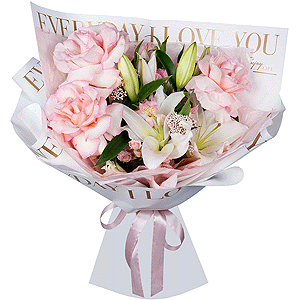Lilies - 1, Rose Esperance - 5, Alstromeria white, soft pink - 7, Bright pink spray rose mix, 50 cm - 2, Ozotamnus, Wrapping Paper