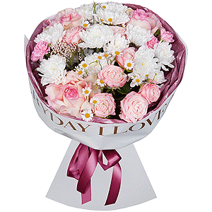 Baltica White Spray Chrysanthemum - 4, Rose Esperance - 5, Chamomile - 4, Peony sprayrose - 2, White spray carnation - 6, Ozotamnus, Wrapping Paper