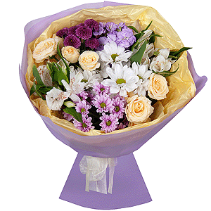 Bacardi White Spray Chrysanthemum - 1, Daisy poms Santini pink, purple - 1, Alstromeria white, soft pink - 5, Matthiola Lilac - 1, Spray rose: white, cream, light pink 50 cm - 2, Spray Chrysanthemum Newton purple - 1, Wrapping Paper