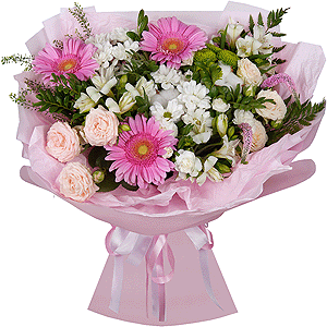 Gerbera pink - 3, Peony sprayrose - 2, Bacardi White Spray Chrysanthemum - 3, White spray carnation - 5, Alstromeria white, soft pink - 5, Veronica spray, Pistachio, Green bell (1 pc.), Fern (1 pc.), Wrapping Paper