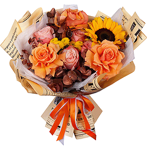 Rose Orange 50 cm Ecuador (High Magic, High Yollow Magic) - 7, Peony rose Kahala 50 cm - 5, Newton Yellow Spray Chrysanthemum - 3, Sunflower - 1, Eucalyptus Cinerea, Wrapping Paper