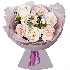 White rose 50 cm - 3, Carnation white, cream - 3, Alstromeria white, soft pink - 5, Wrapping Paper