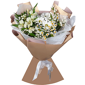 Alstromeria white, soft pink - 4, Bacardi White Spray Chrysanthemum - 1, Chamomile - 2, White statice, Wrapping Paper