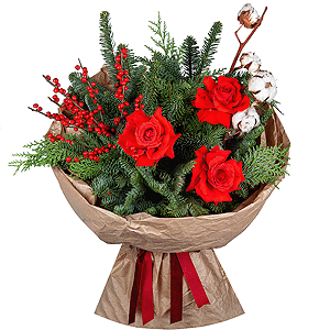 Rose Red 50 cm Ecuador - 5, Spruce branches (1pc.), Thuja, Cotton branch, Ilex, Wrapping Paper