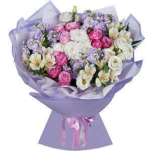 Matthiola Lilac - 3, Baltica White Spray Chrysanthemum - 1, Peony sprayrose - 3, Alstromeria white, soft pink - 6, lisianthus - 2, Wrapping Paper