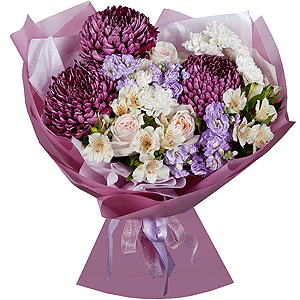 Chrysanthemum Bigoudi purple - 3, Matthiola Lilac - 2, Alstromeria white, soft pink - 7, Peony style roses - 3, Baltica White Spray Chrysanthemum - 2, Wrapping Paper