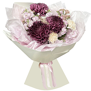 Chrysanthemum Bigoudi purple - 3, Baltica White Spray Chrysanthemum - 1, Matthiola Lilac - 3, Carnation white, cream - 7, Ozotamnus, Wrapping Paper