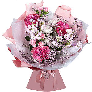 Peony rose Kahala 50 cm - 7, Baltica White Spray Chrysanthemum - 1, Matthiola Lilac - 3, Pink spray carnation - 6, Limonium (1 pc.), Wrapping Paper