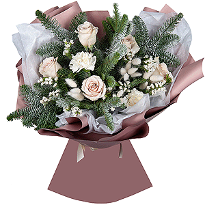 Rose Pink 50 cm Ecuador (Chelo, Hermosa, Novia, Titanik, Engagement, Pink Mondiale) - 5, Carnation white, cream - 6, Spruce branches (1pc.), Dried flowers in assortment, White statice, Wrapping Paper