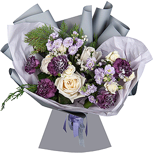 Peony style roses - 3, Spray rose: white, cream, light pink 50 cm - 5, Lilac carnation - 11, Matthiola Lilac - 2, Thuja, White statice, Wrapping Paper