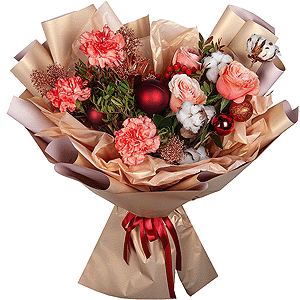 Orange carnation - 7, Peony rose Kahala 50 cm - 3, Skimmia, Pistachio, Cotton branch, Christmas decor (set), Hypericum, Wrapping Paper