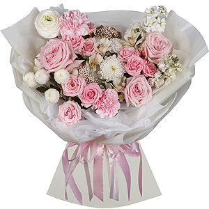 Ranunculus White - 1, Peony rose pink 'OHara' - 3, White Matthiola - 2, Bright pink spray rose mix, 50 cm - 3, Pink carnation - 11, Alstromeria white, soft pink - 6, Newton White Spray Chrysanthemum - 1, Baltica White Spray Chrysanthemum - 1, Ozotamnus, Wrapping Paper