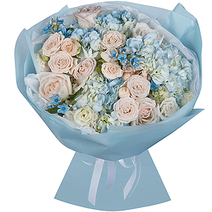Blue/purple hydrangea - 4, Peony rose pink 'OHara' - 13, Peony sprayrose - 3, lisianthus - 4, Oksipetalum, Wrapping Paper