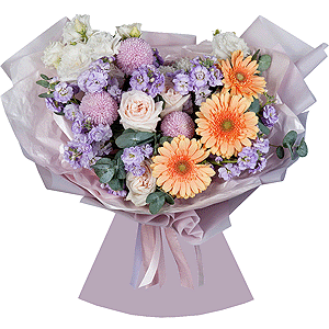 Cream gerbera - 11, Peony style roses - 3, Momoko Chrysanthemum - 3, Matthiola Lilac - 5, lisianthus - 5, Eucalyptus, Wrapping Paper
