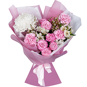 Chrysanthemum white Bigoudi - 1, Peony sprayrose - 2, Pink carnation - 7, Alstromeria white, soft pink - 5, Waxflower (1 pc.), Wrapping Paper
