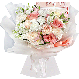 Baltica White Spray Chrysanthemum - 3, White Matthiola - 3, Carnation white, cream - 7, Peony sprayrose - 2, Alstromeria white, soft pink - 9, Pink rose 50 cm - 3, Ozotamnus, Wrapping Paper
