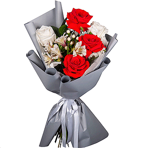 Red rose Nina 50 cm - 4, White rose 50 cm Ecuador - 3, Alstromeria white, soft pink - 2, White spray carnation - 1, Hypericum, Ruscus, White statice, Wrapping Paper