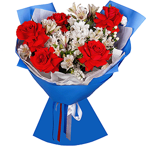 Red rose Nina 50 cm - 7, Bacardi White Spray Chrysanthemum - 3, Alstromeria white, soft pink - 9, White spray carnation - 2, Hypericum, White statice, Wrapping Paper