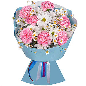 Pink carnation - 15, Bacardi White Spray Chrysanthemum - 2, Chamomile - 2, Wrapping Paper