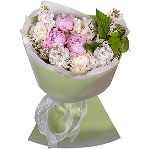 Peony pink - 3, Baltica White Spray Chrysanthemum - 5, Matthiola Lilac - 4, lisianthus - 2, White statice, Wrapping Paper,  Raspberry branch