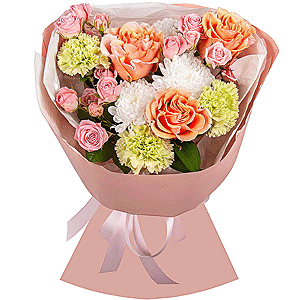 Pink-orange rose Phoenix 50 cm - 3, Baltica White Spray Chrysanthemum - 1, Bright pink spray rose mix, 50 cm - 4, Green carnation - 9, Wrapping Paper