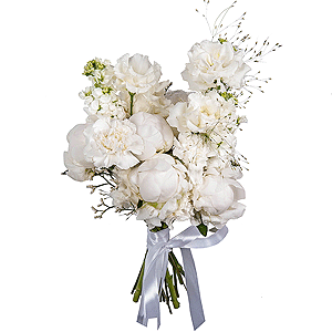 Peony white - 5, lisianthus - 3, White Matthiola - 3, Carnation white, cream - 15, Limonium (1 pc.), Ribbon, Panicum