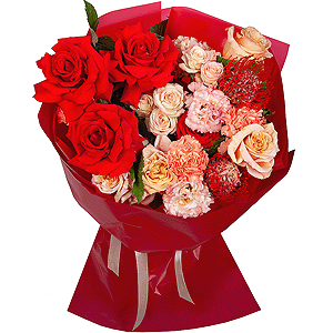 Red rose Nina 50 cm - 7, Cream Rose 50 cm Ecuador (Creme Caramel) - 4, Carnation white, cream - 5, Pink Lisianthus (Eustoma) - 2, Spray rose: white, cream, light pink 50 cm - 2,  Raspberry branch, Wrapping Paper, Nutan