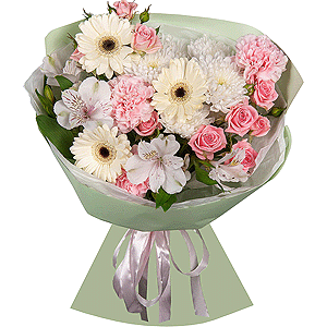 Gerbera white - 3, Pink carnation - 5, Alstromeria white, soft pink - 4, Bright pink spray rose mix, 50 cm - 3, Baltica White Spray Chrysanthemum - 1, Wrapping Paper