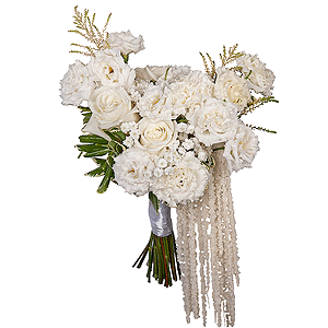 White rose 50 cm Ecuador - 5, Carnation white, cream - 5, lisianthus - 5, Gypsophila - 1, Salal, Astilbe, Amaranth stabilized, Ribbon