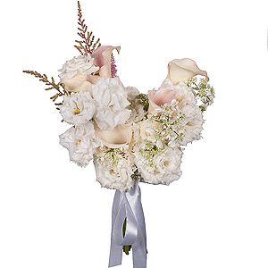 Calla lilies - 5, lisianthus - 11, Astilbe, Ozotamnus, Ribbon
