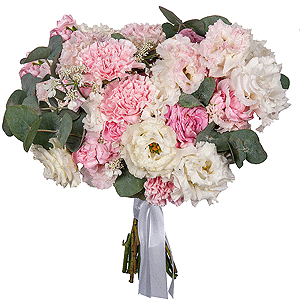 Pink carnation - 5, Pink spray carnation - 5, lisianthus - 3, Peony sprayrose - 1, Pink Lisianthus (Eustoma) - 3, Eucalyptus, Limonium (1 pc.), Ribbon