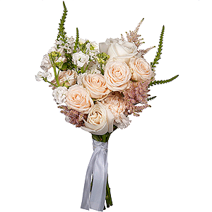 White rose 50 cm Ecuador - 3, Peony sprayrose - 2, White Matthiola - 3, Carnation white, cream - 7, Veronica spray, Astilbe, Ribbon