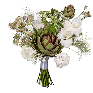 White Gladiolus - 1, lisianthus - 2, White Matthiola - 5, Artichoke, Sedum, Panicum, Ribbon