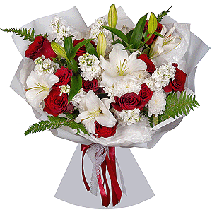 Rose Red 50 cm Ecuador - 17, Baltica White Spray Chrysanthemum - 2, White Matthiola - 7, Lilies - 2, Fern (1 pc.), Wrapping Paper