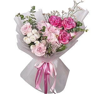 Peony rose pink 'OHara' - 2, Pink Hydrangea - 1, Newton White Spray Chrysanthemum - 5, Pink rose Country Blues 50 cm - 3, Eucalyptus, Limonium (1 pc.), Wrapping Paper, Wrapping Paper