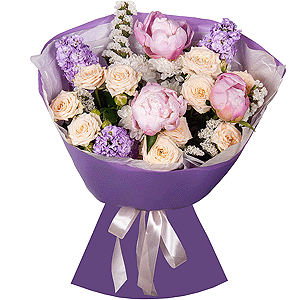 Peony pink - 3, Matthiola Lilac - 3, Baltica White Spray Chrysanthemum - 4, Spray rose: white, cream, light pink 50 cm - 2, White statice, Wrapping Paper