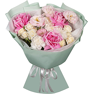 Rose Pink 50 cm Ecuador (Chelo, Hermosa, Novia, Titanik, Engagement, Pink Mondiale) - 5, Pink Lisianthus (Eustoma) - 2, Spray rose: white, cream, light pink 50 cm - 2, Carnation white, cream - 9, Baltica White Spray Chrysanthemum - 1, Wrapping Paper