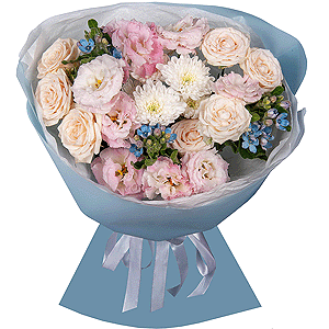Peony sprayrose - 4, Pink Lisianthus (Eustoma) - 2, Baltica White Spray Chrysanthemum - 3, Oksipetalum, Wrapping Paper