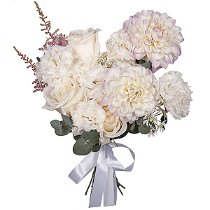 White Dahlia - 2, lisianthus - 3, White rose 50 cm Ecuador - 7, Carnation white, cream - 7, Astilbe, Ozotamnus, Eucalyptus, Ribbon