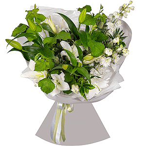 Lilies - 2, Blue Delphinium, Eryngium, Pittosporum,  Raspberry branch, Wrapping Paper