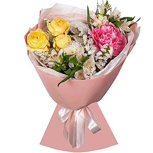 Peony pink - 1, Alstromeria white, soft pink - 6, Spray peony rose  - 1, Baltica White Spray Chrysanthemum - 1, White statice, Wrapping Paper